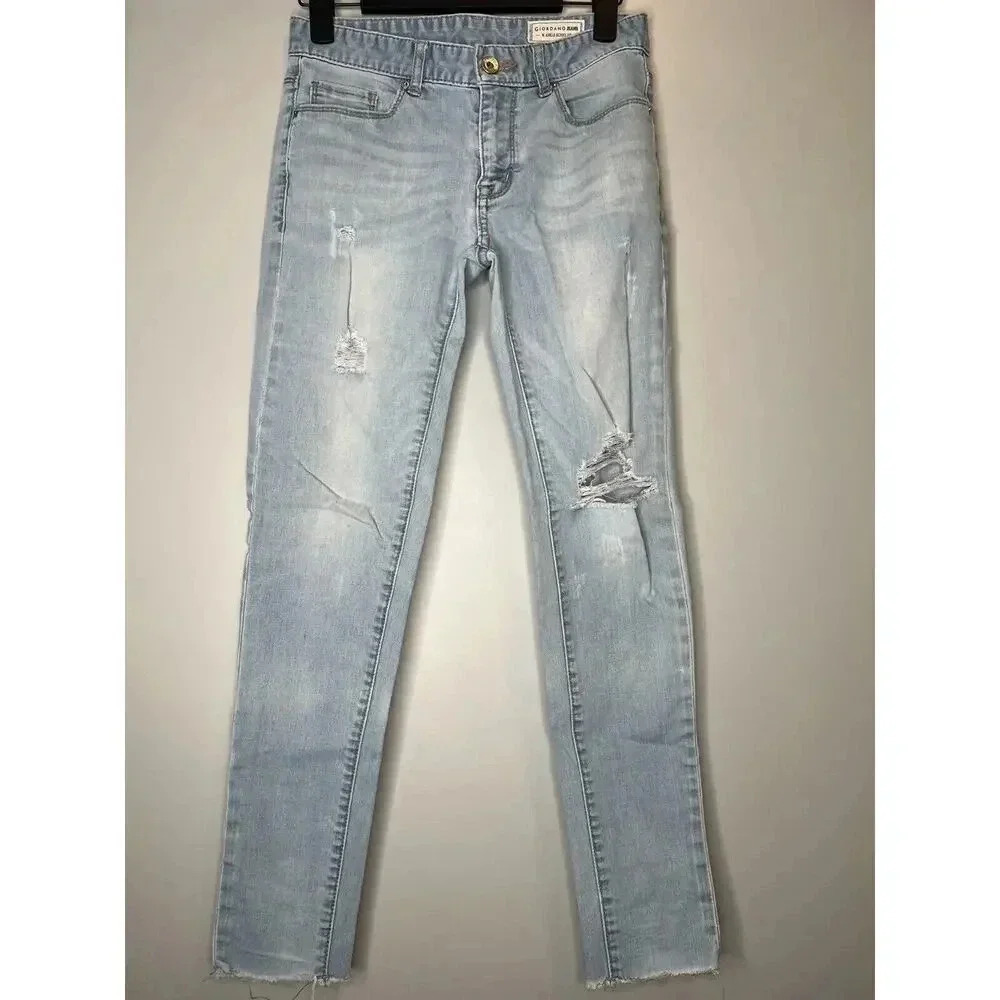 Giordano Jeans Sz 26 Skinny Ankle Fit Blue Distressed Raw Hem Mid Rise Pants - Picture 2 of 8